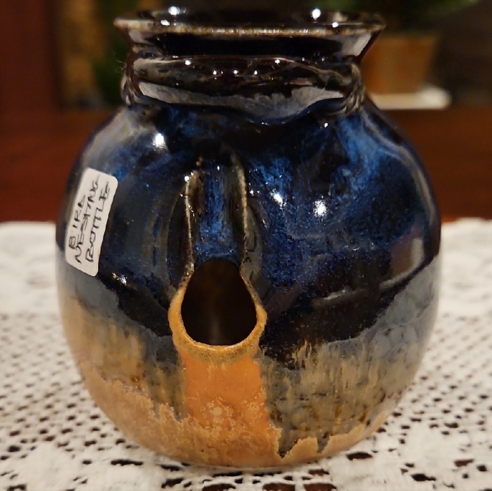 Handcrafted & Signed Blue and Brown Ceramic Bird Nesting Jar/Bottle
